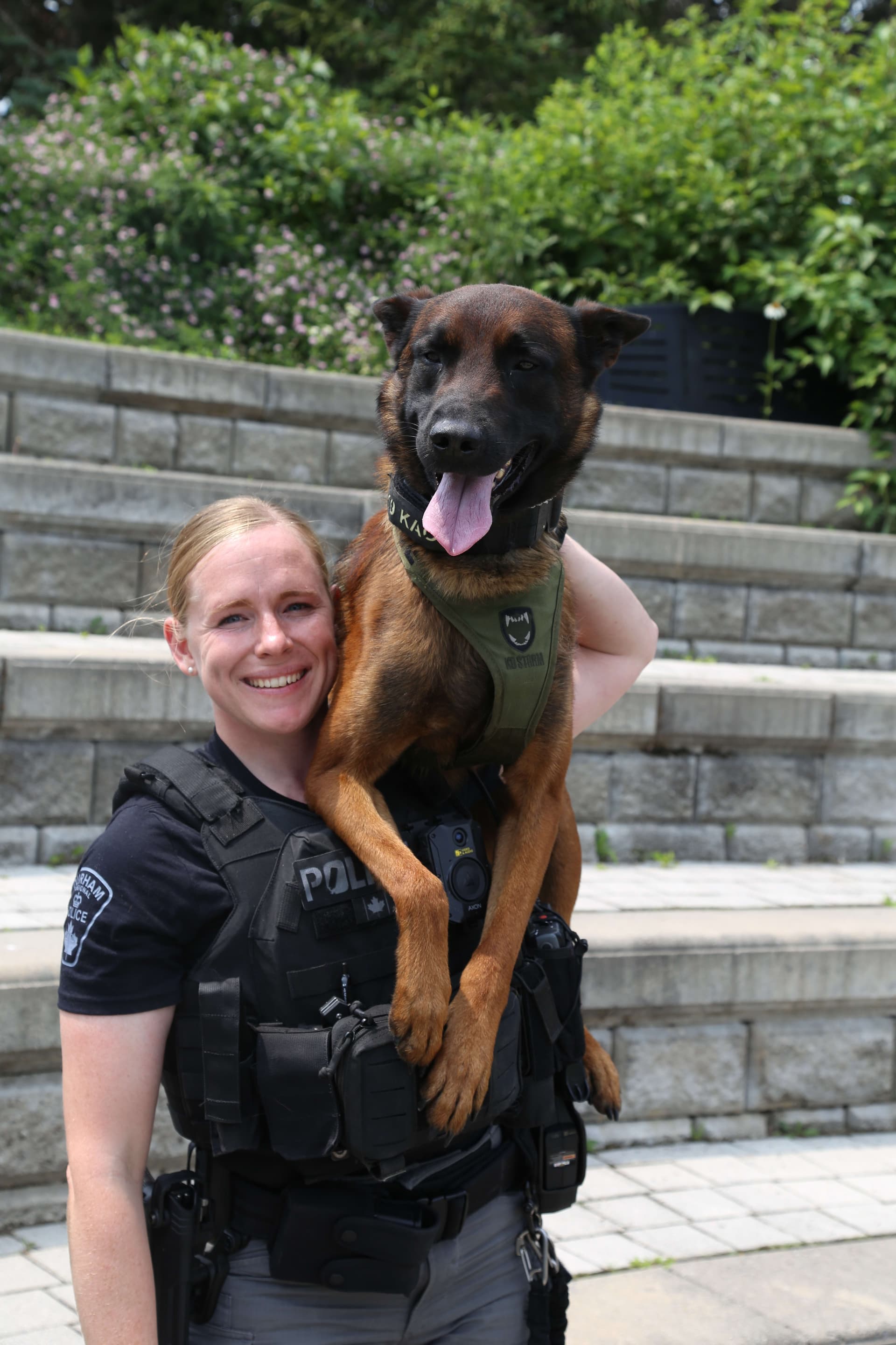 A woman is holding a dog in her arms